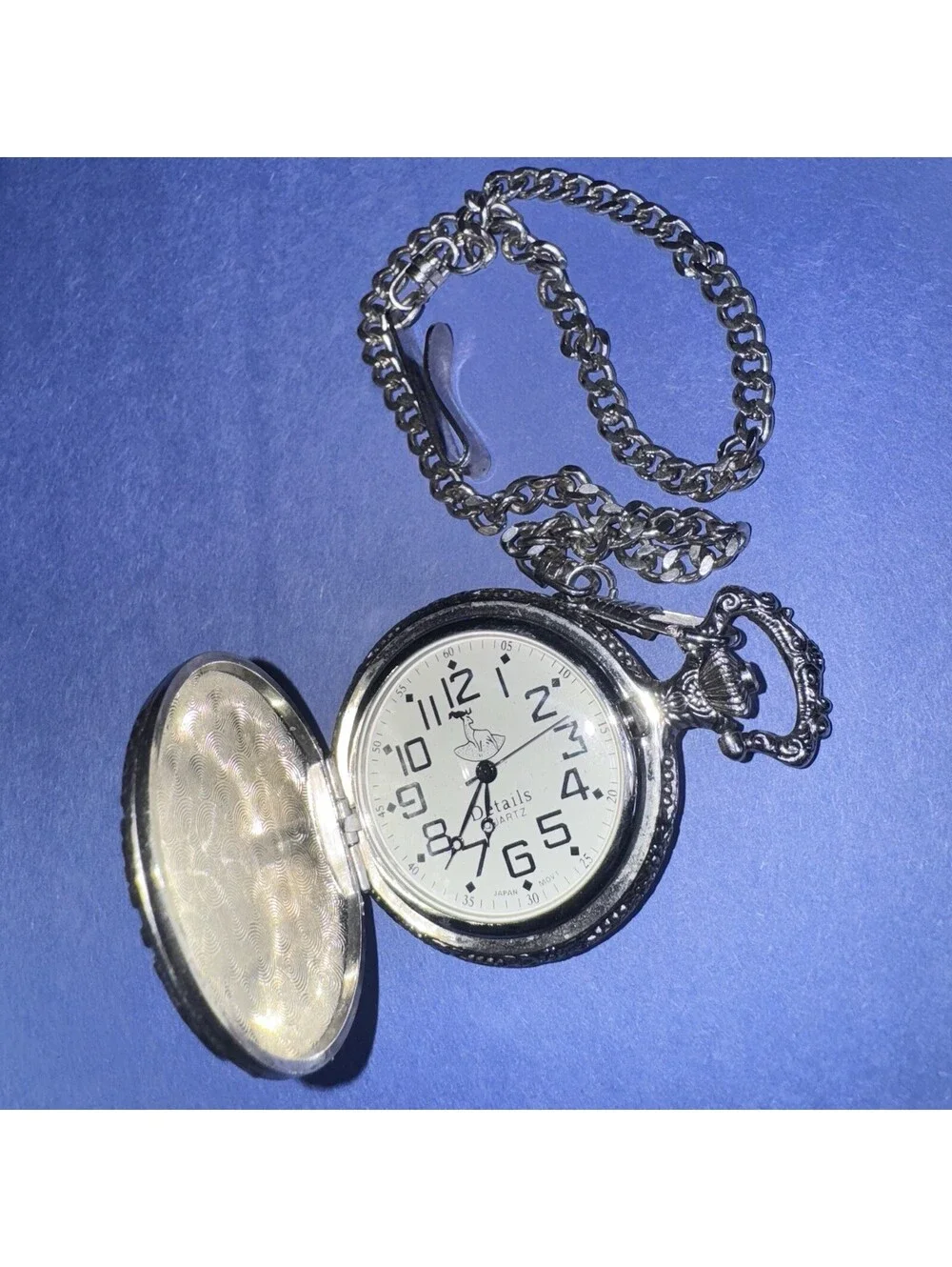 Vtg Hunter Quartz Pocket Watch Embossed Stag Elk Design Silver Tone Chain Japan